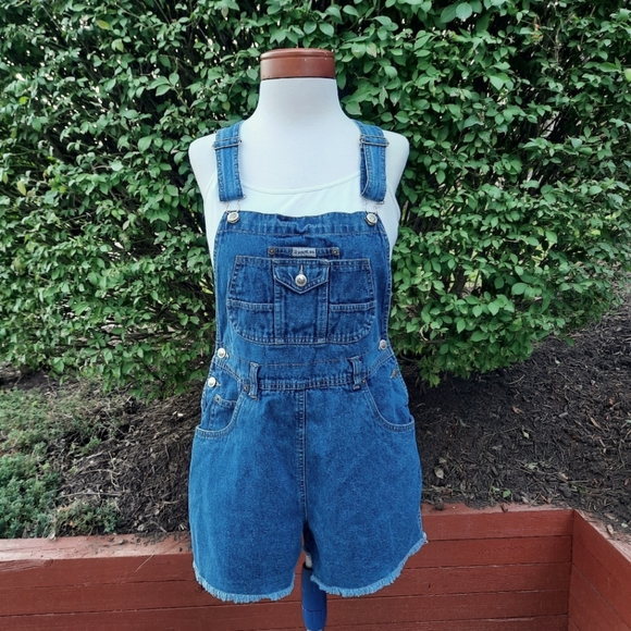 Route 66 Vintage 90's Denim Shortalls Bib Overalls Frayed Shorts Jeans Jorts - Picture 13 of 15